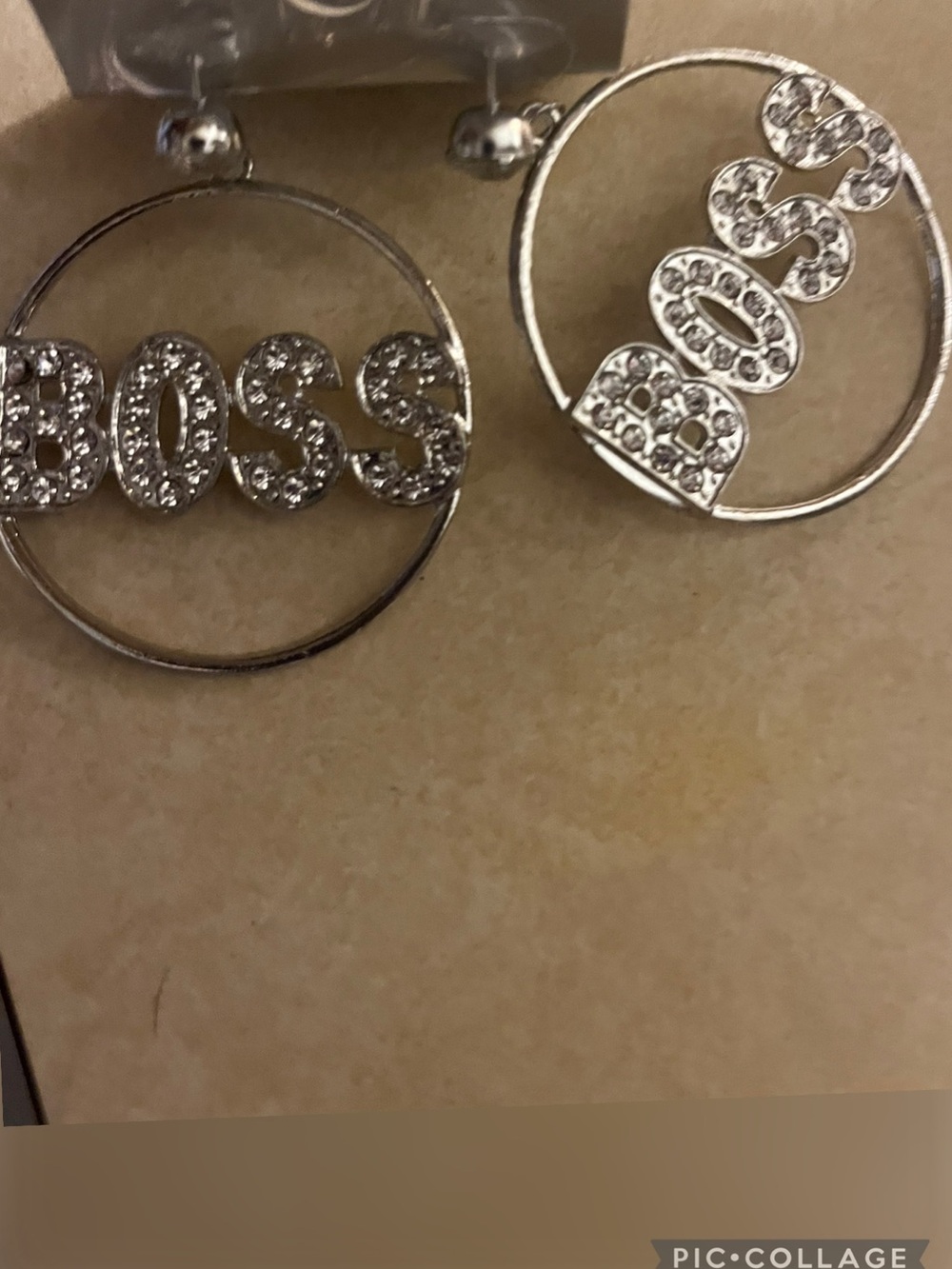 BOSS Silver Crystal Logo Circle Drop Earrings
